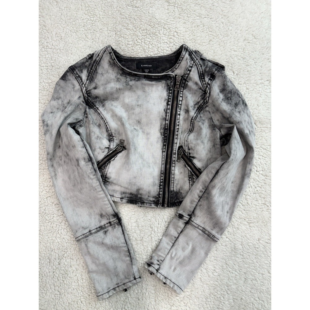 Bebe Asymmetrical Acid Wash Cropped Denim Jacket Women's S Indie Sleaze Y2K